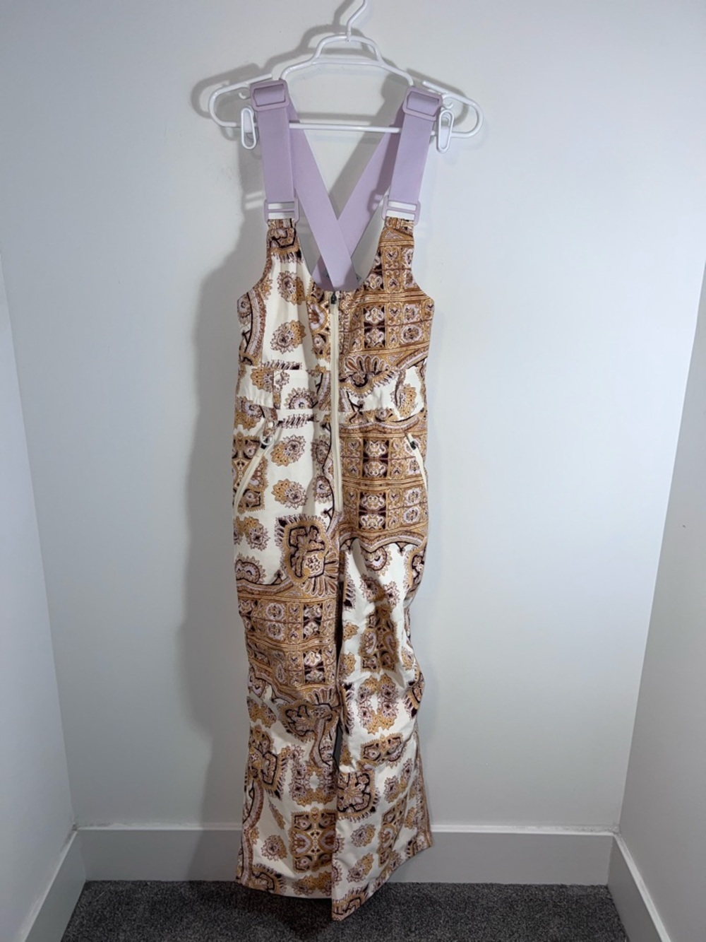 FP Movement by Free People Cream & Gold Paisley Zip-Front ski snow Overalls L - Picture 2 of 13